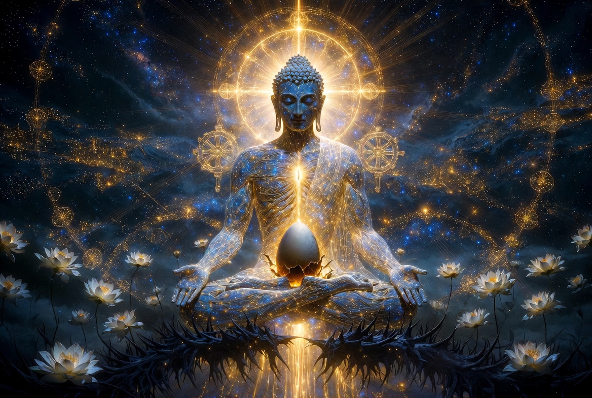 Cosmic Buddha — a luminous figure in meditation surrounded by lotus flowers and golden light against a starfield